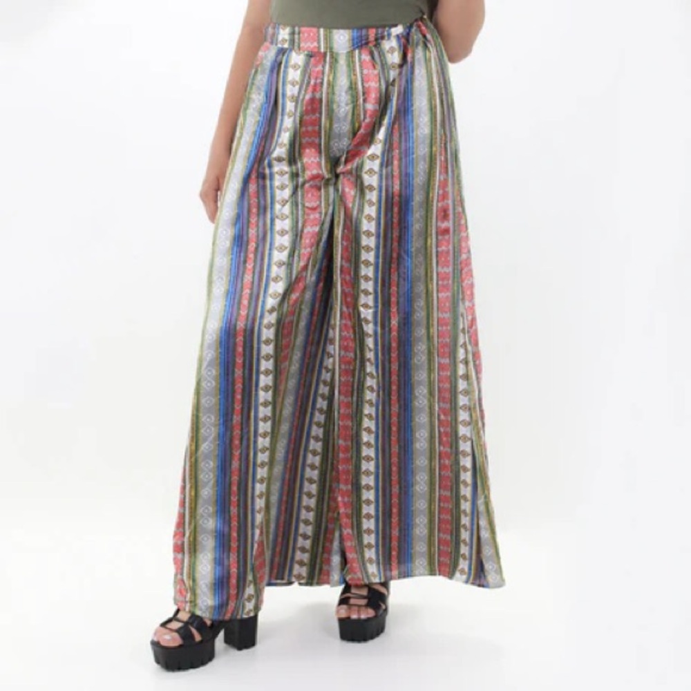 NEW Gracia wide leg striped satin pants elastic waist boho festival statement M
